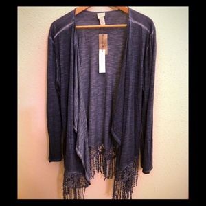 Chico’s Indigo Fringe Knit Cardigan- NWT 2/Large